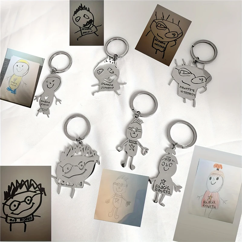 Custom Hand Drawn Keychains Personalized Children's Keychain Record Kid's Drawing Results Stainless Steel Jewelry Mon Dad Gift