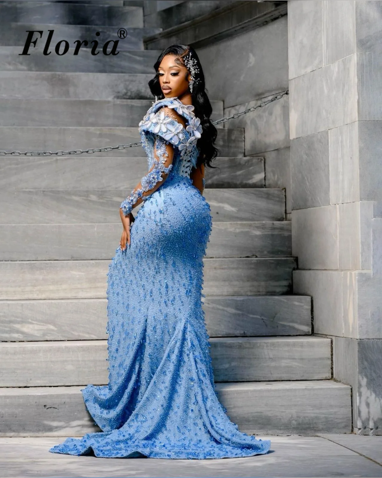 Light Blue African Celebrity Dresses With Side Slit Long Sleeves Wedding Party Dresses With Crystals Vestidos De Noche Prom Gown