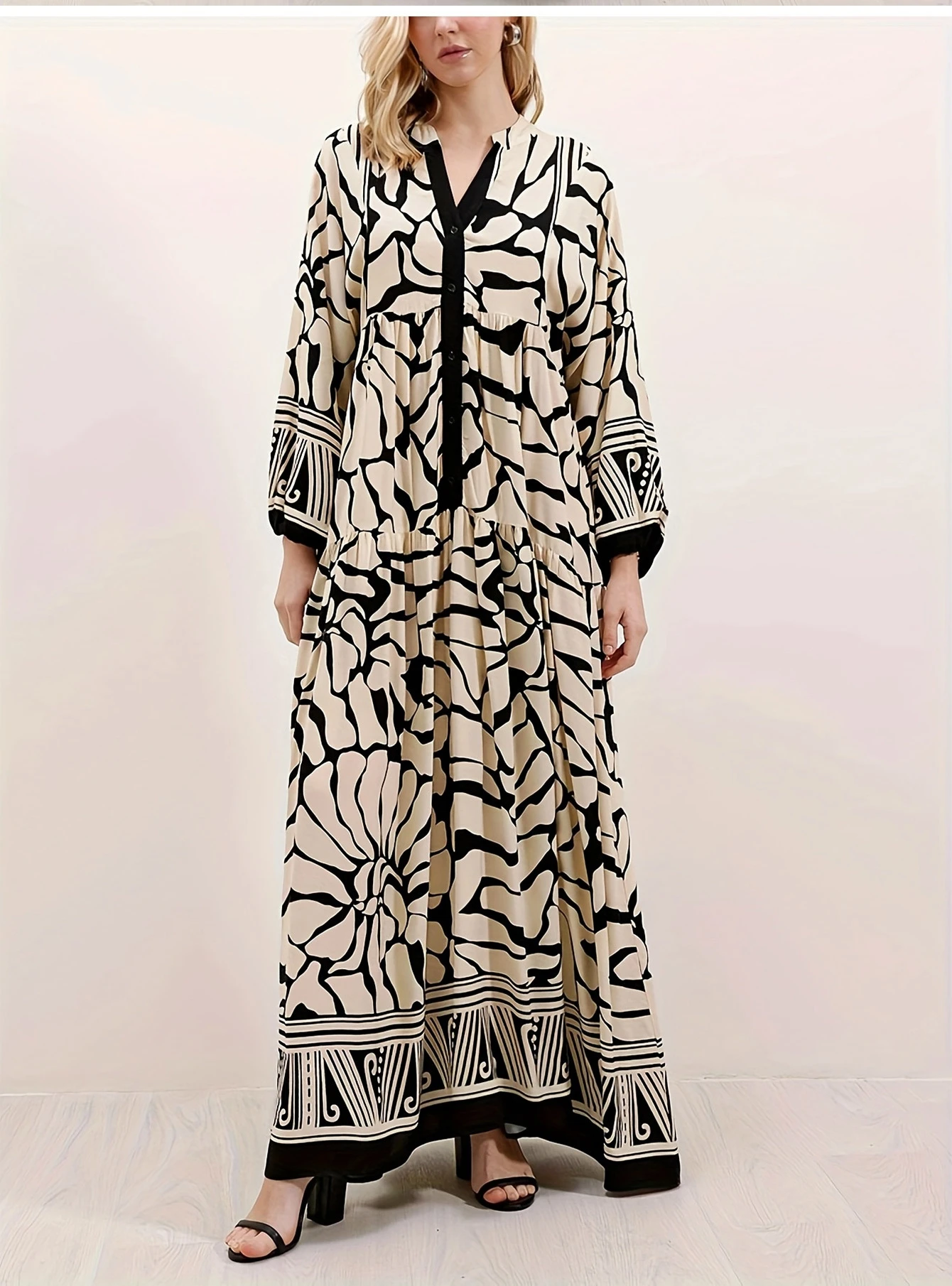 Faionable Casual Stampato V-Ne Lungo Sve Dr Vita ampia Gonna a trapezio Tessuto in poliestere Estate Donna Dr