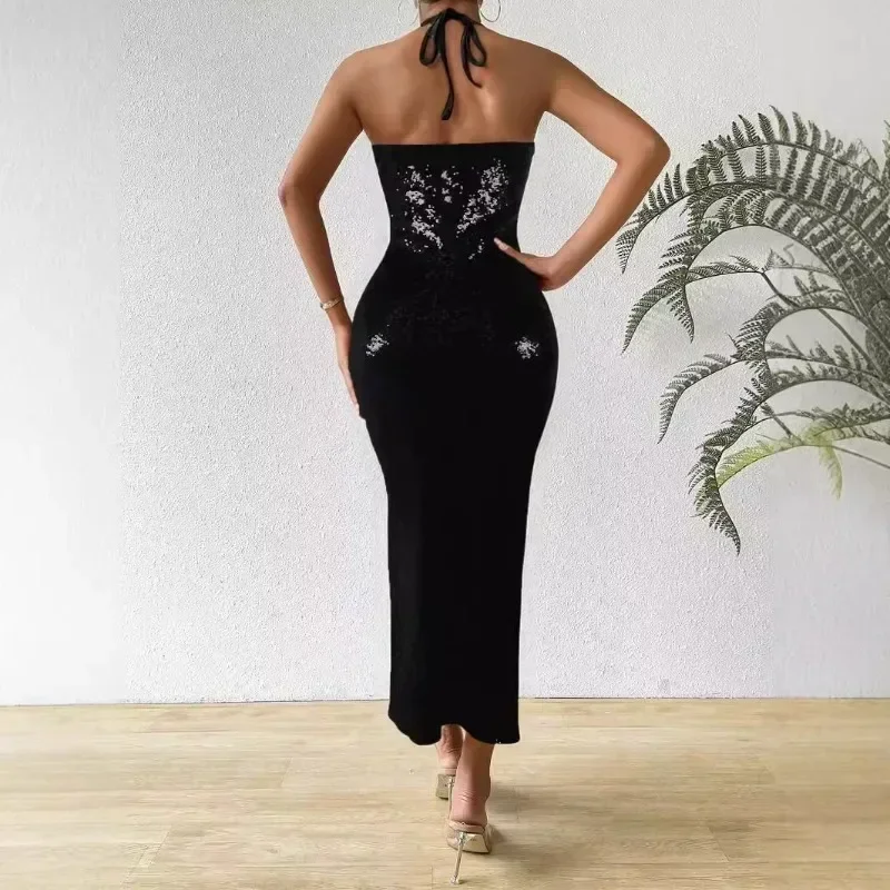 GUWU Sexy Ausschnitt mit Pailletten, ärmellos, Neckholder, Geburtstag, Abend, Partykleid, aushöhlen, rückenfrei, Clubwear, lange Maxikleider