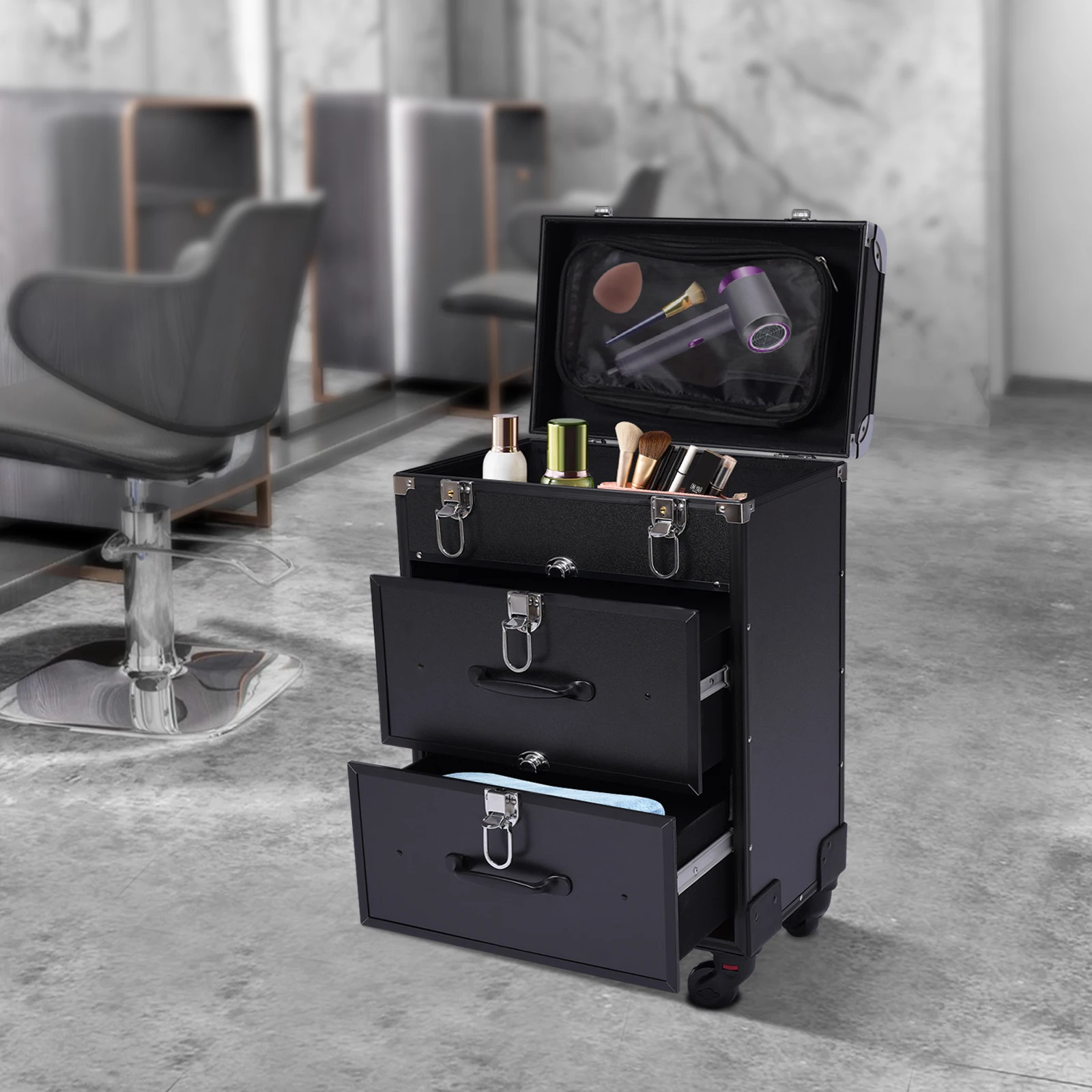 

Makeup Train Case, 3 Layers with Drawers, Aluminum Alloy Frame, 110.3 lbs Load Capacity, Universal Wheels, Telescopic Pull Bar