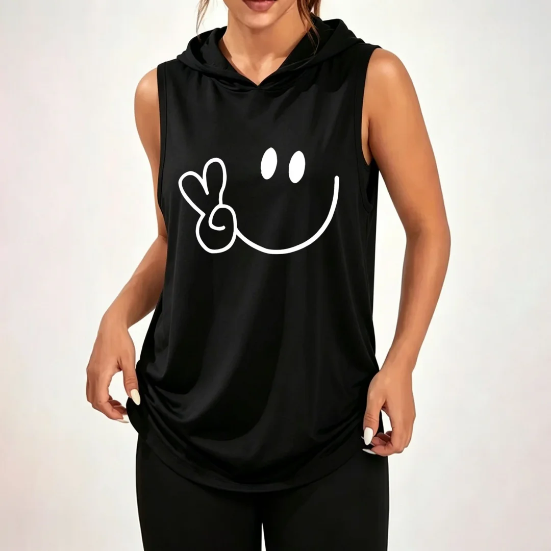Minimalist Line Art & Peace-Sign Smiley Hoodie — 100% Polyester, Loose-Fit Casual Athletic Top