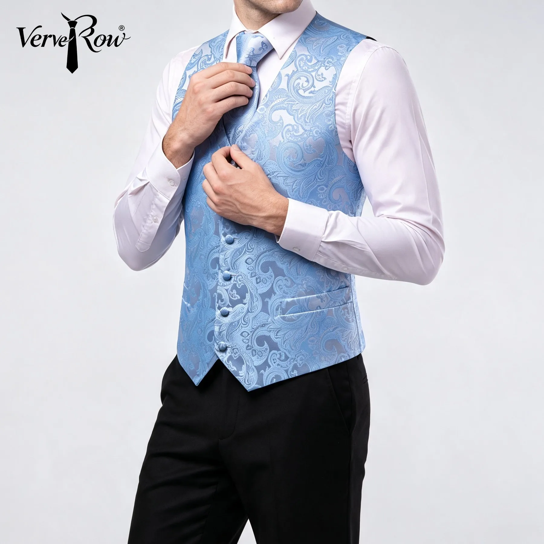 Vest Tie Pocket Square Blue Jacquard Men Formal Accessory For Wedding Business Party Daily Office Matching Outfit