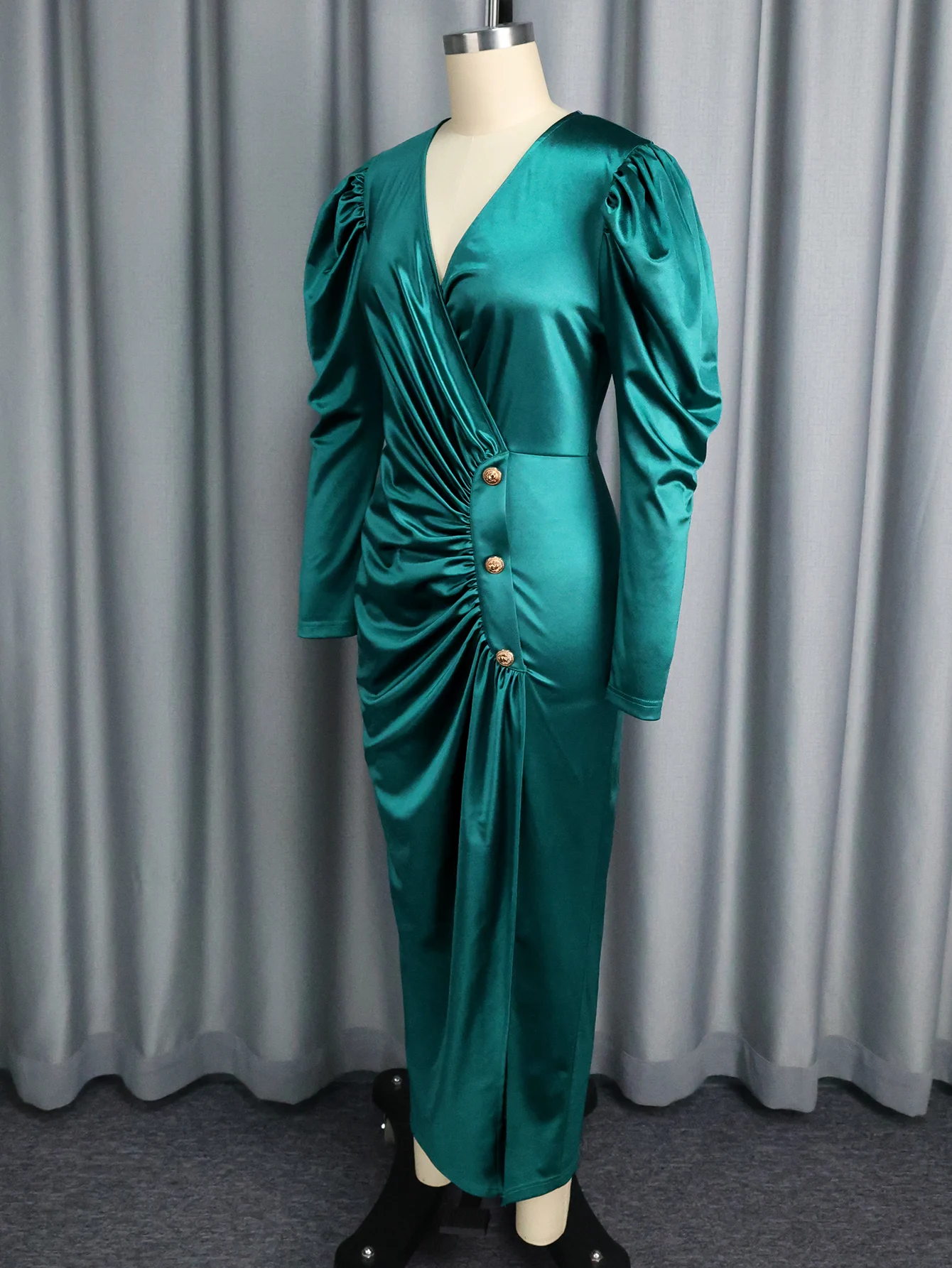 Abito lungo in raso con scollo a V alla moda, maniche a sbuffo, bottoni asimmetrici, spacco, autunno, aderente, abiti da cerimonia per invitati al matrimonio