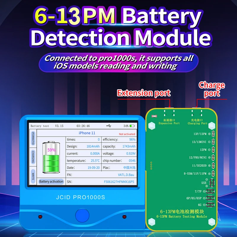 JC Pro1000S Battery Testing Module For iPhone 6-13 Pro Max Batteries Serial Number Cycle Times Capacity Health Life Modify Tools