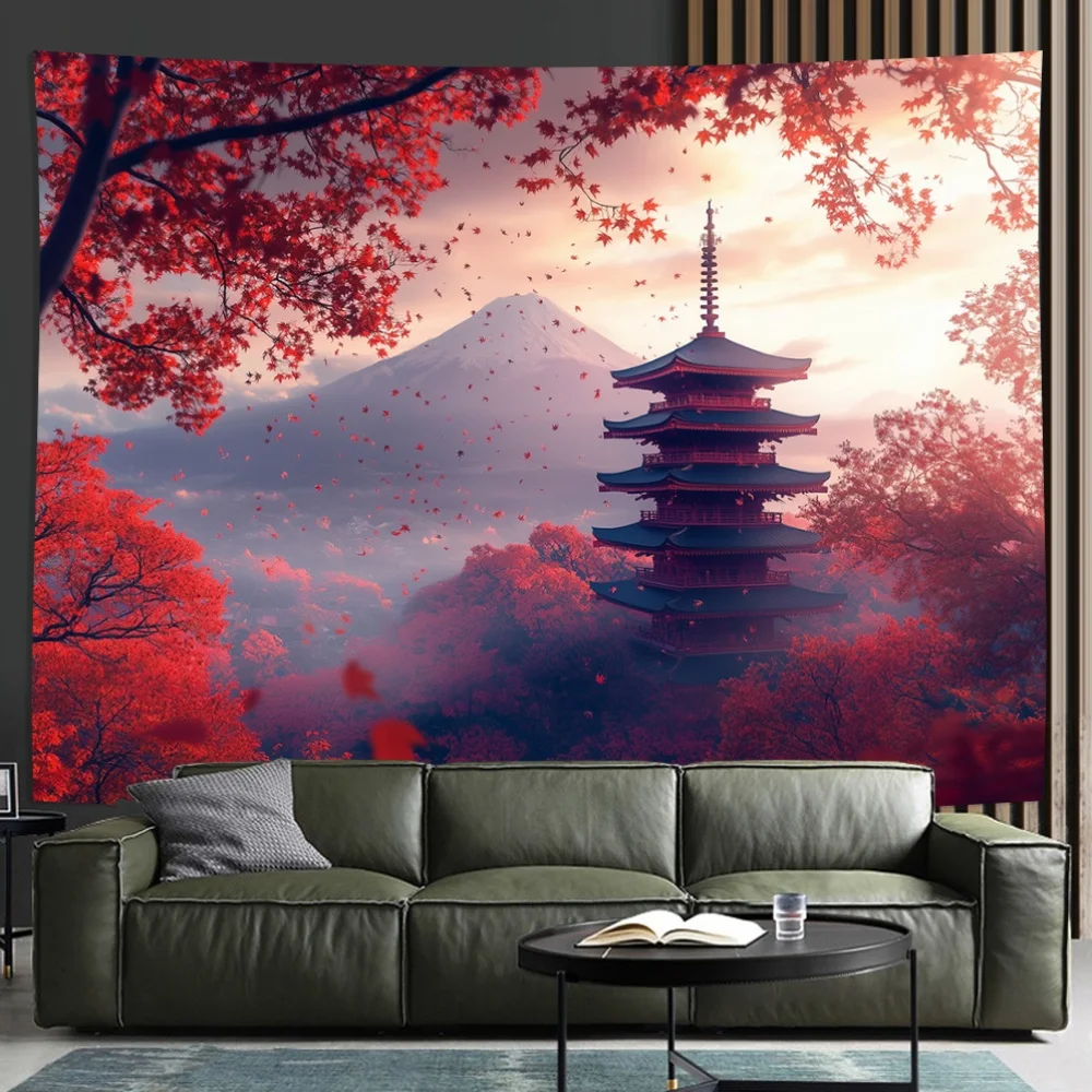 Традиционная японская архитектура и гора Фудзи Пейзаж Настенный подвес Гостиная Спальня Декоративные гобелены из полиэстера