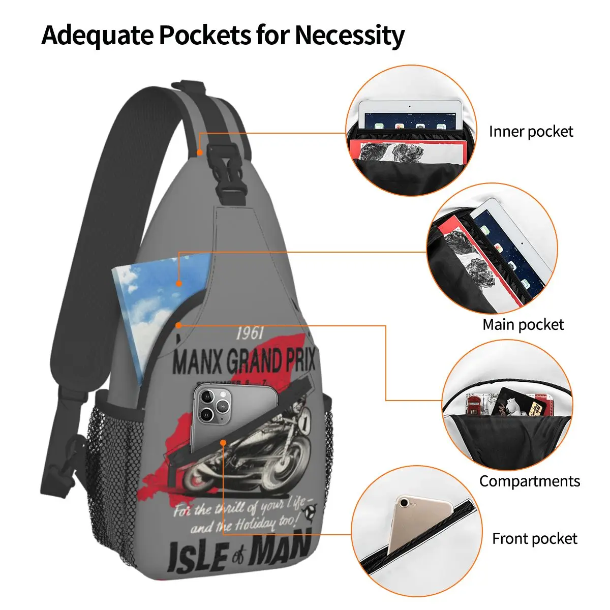 Races Isle Of Man Crossbody Sling Bag Small Chest Bag Vintage Motorcycle Shoulder Backpack Daypack Travel Hiking Biking Satchel