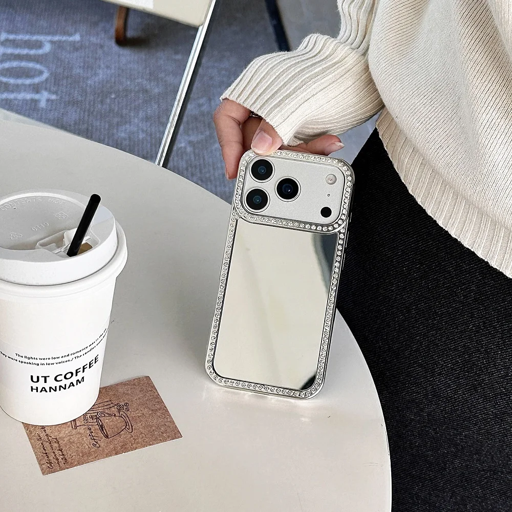 Luxuriöse galvanisierte Make-up-Spiegel-Handyhülle für iPhone 17 16 15 14 13 12 11 Pro Max mit Glitzer-Diamant-Rand-Schutzabdeckung – Detail 10