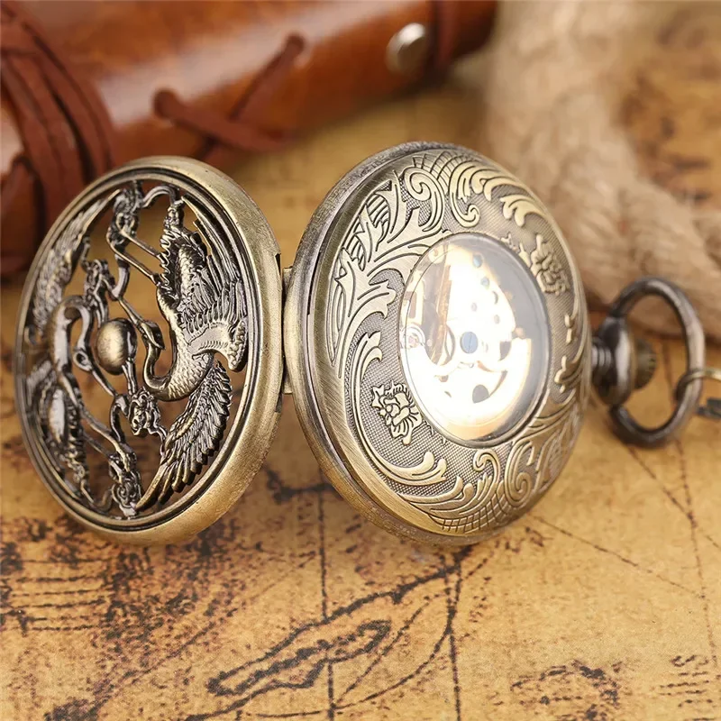 Retro Phoenix Automatic Mechanical Pocket Watch for Men Women Copper Hollow Steampunk Skeleton Watches Fob Pendant Chain Clock