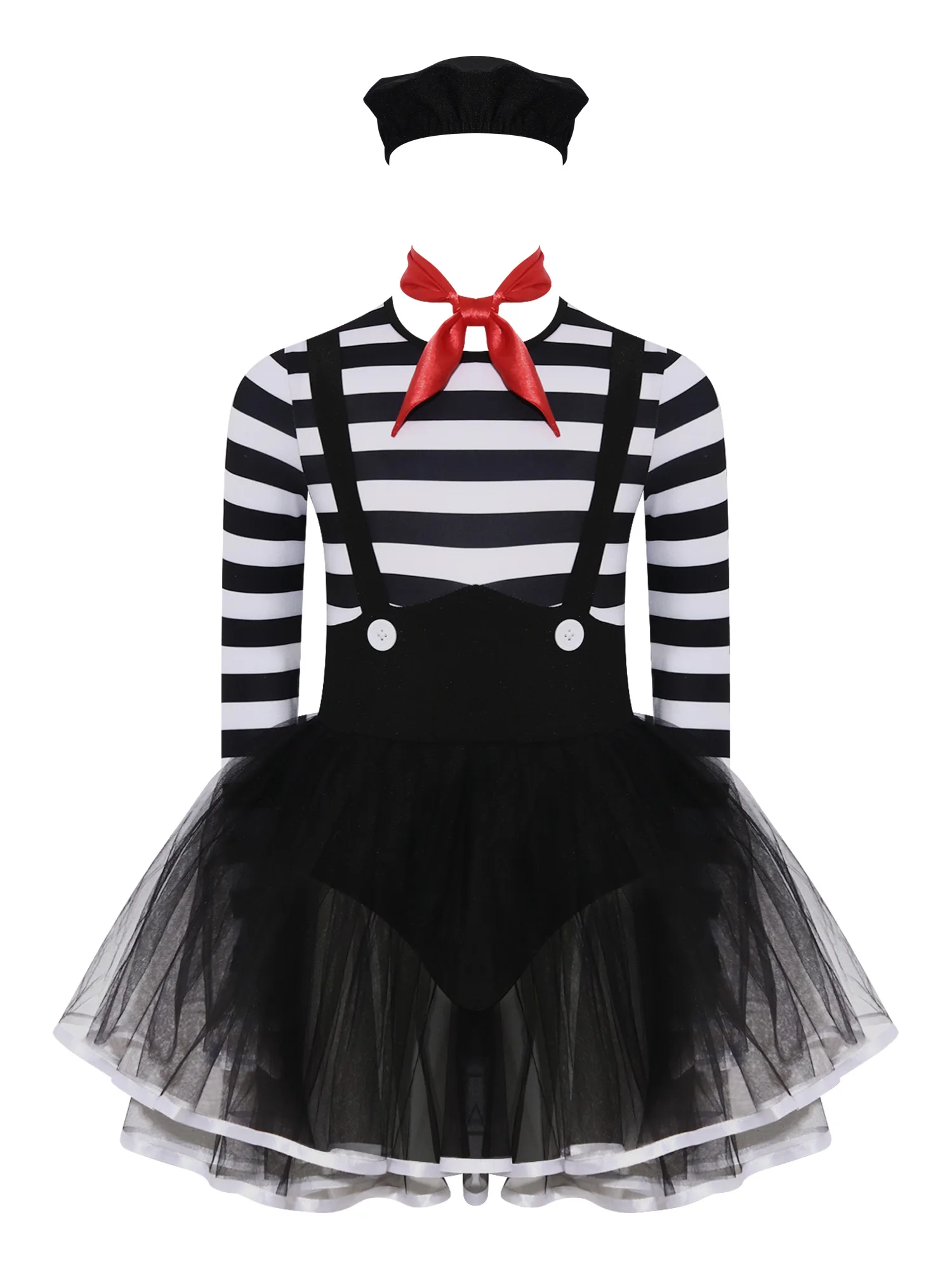 Kids Halloween Clown Costume Long Sleeve Ruffled Tutu Dress with Hat Scarf Striped Knee High Socks for Party Carnival