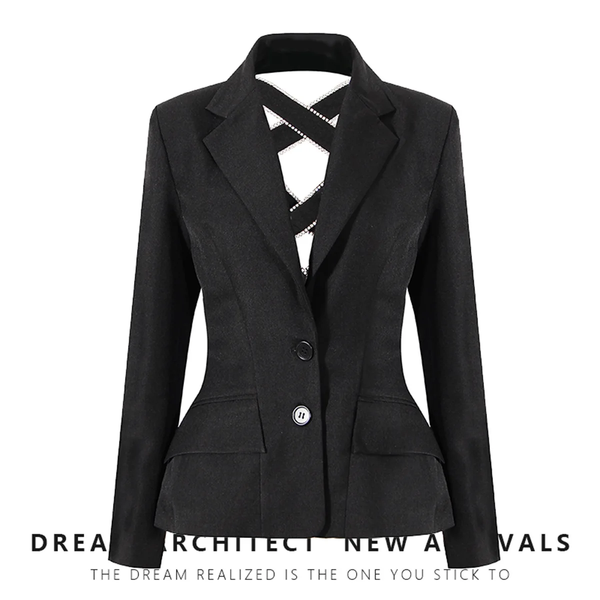 Crystal Women Suits 1 Piece Blazer Black Jacket Lace Up Back Outfit Business Work Wear Fashion Girl Coat Sexy Hollow Prom Dress