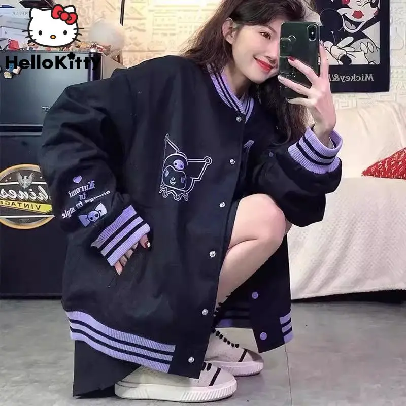 Sanrio Kuromi Hip Hop Fashion Cardigan Top 2000s Aesthetic Baseball Bomber Jacket Girls Yk2 Korean Fashion Grunge Coat Clothes