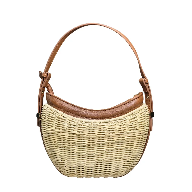 

New Casual Handmade Woven Rattan Women's Handbags Trendy Vacation Tote Bag Bucket Bag Lnterior With PU Leather Shoulder Bag 2025