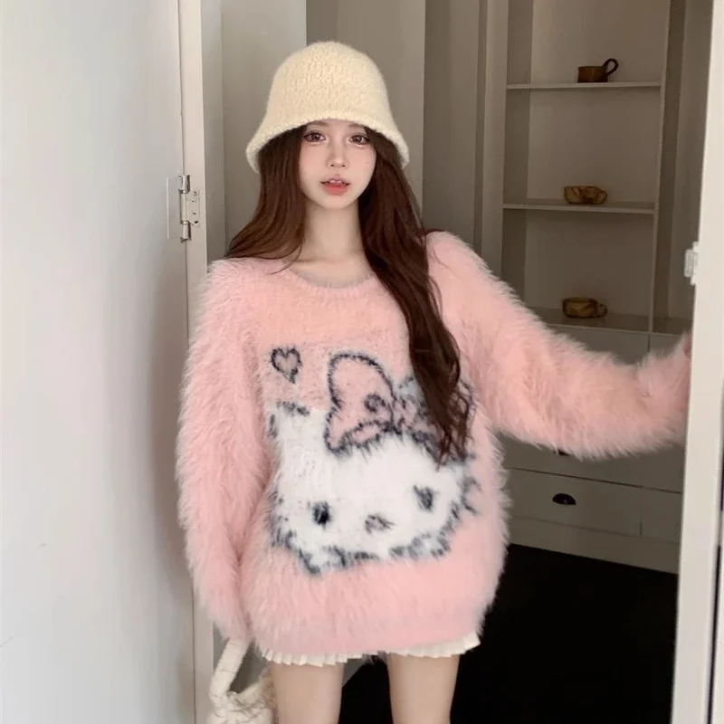 Sanrio Hello Kitty Sweater Fashion Y2k Women Oversized Knitwear Winter Harajuku Pullover Female O-neck Long Sleeve Top Gifts