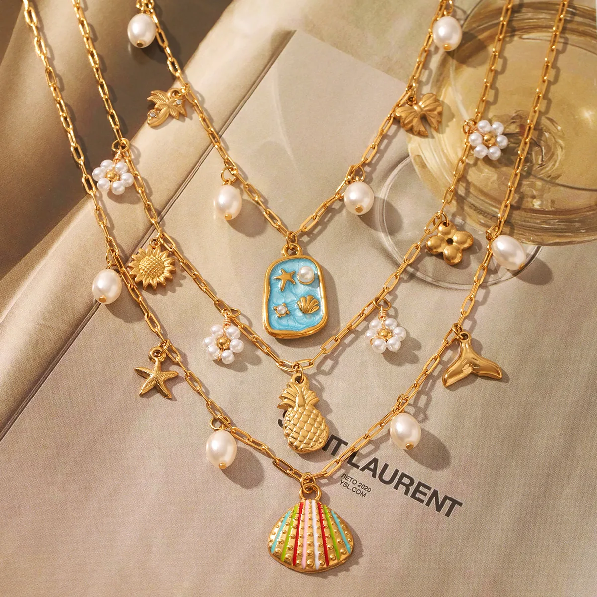 

Fashion Ocean Shell Pearl Necklace Women Titanium Steel Color Preserved Stainless Steel Tassel Vacation Holiday Jewelry Gift