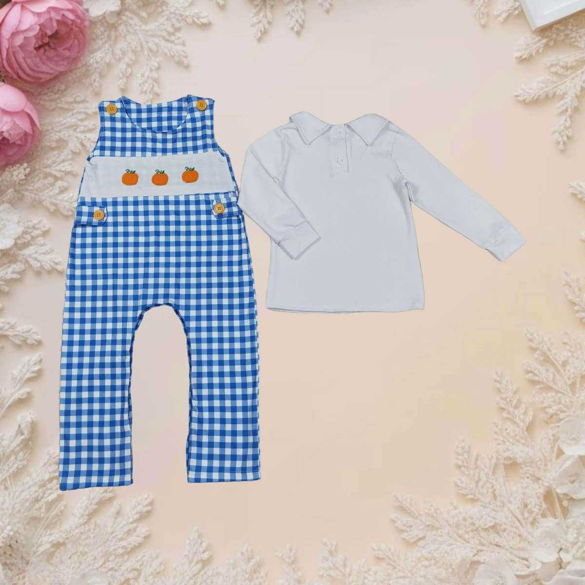 

Toddler Boy Clothes Fall Thanksgiving Outfit Embroidery Pumpkin Baby Boy Long Sleeve Shirt and Plaid Overalls Set Kids Clothing