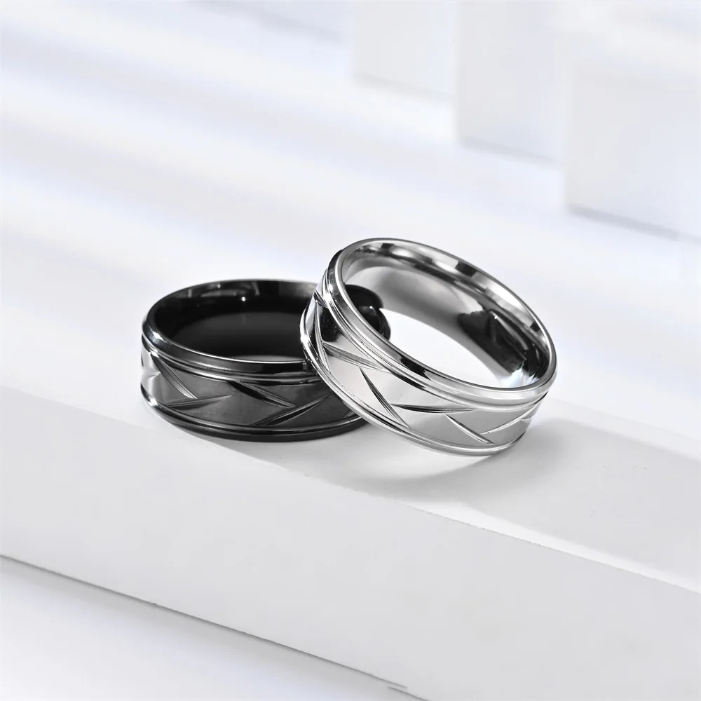 

Fashion Men’s Silver Color Black Stainless Steel Ring Groove Multi-Faceted Ring for Men Women Engagement Ring Anniversary Gifts