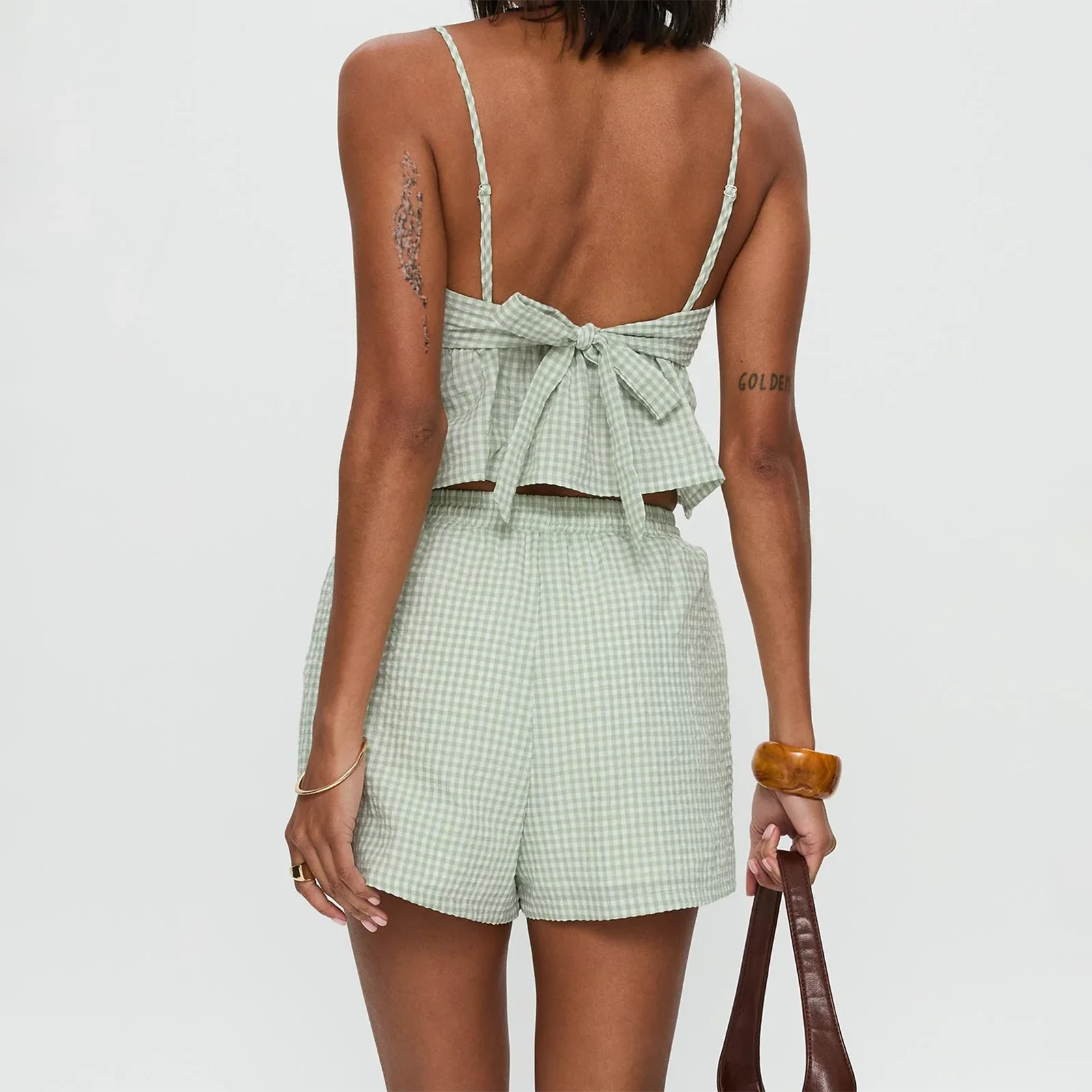 

Women's Summer Outfits Plaid Print V-Neck Camisole + Drawstring Shorts 2 Pieces Set Streetwear
