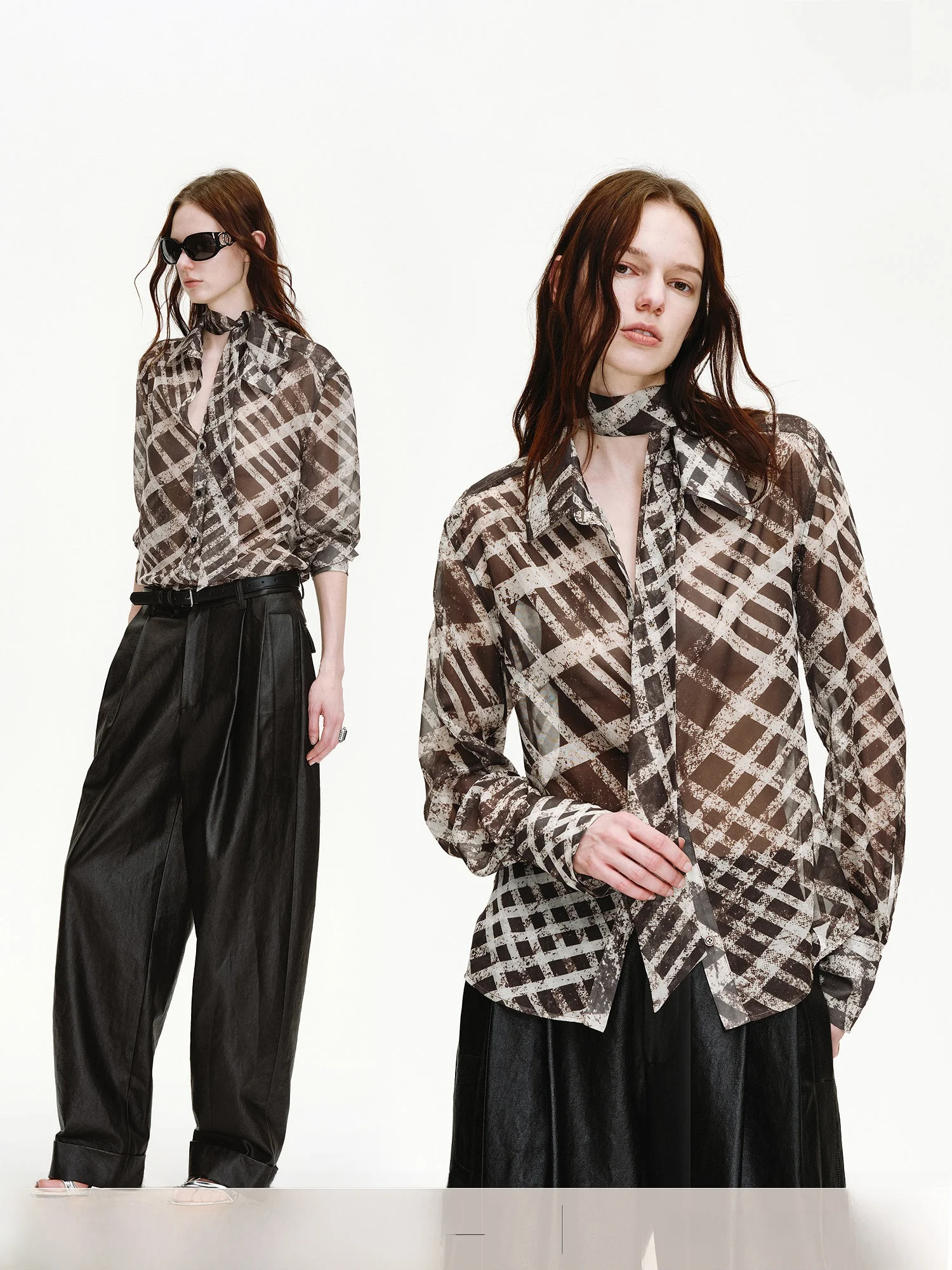 

Fuzhen England Gallery Retro Neck Hanging High Density Snowflake Texture Print Shirt Women's Loose Fit Long Sleeve Button up