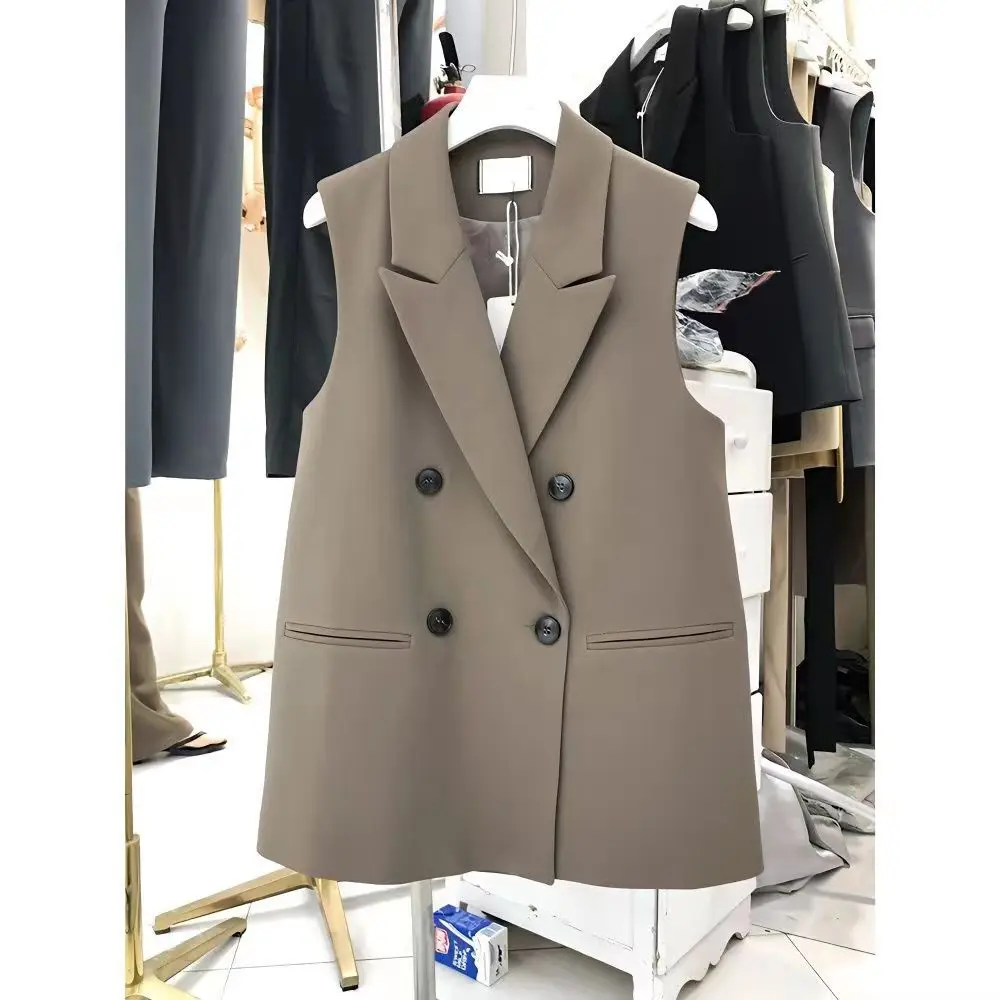 

2024 Autumn New Women's Korean Double Breasted Suit Vest Loose Fit V-neck Fashionable Solid Color Sleeveless Jacket F397