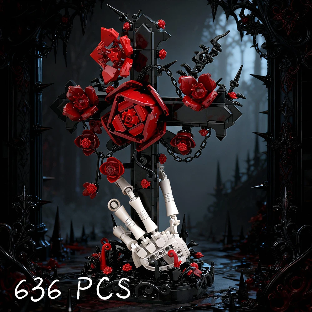

Gothic Skeleton Hand & Red Rose Cross Building Blocks Dark Art Bricks Kit Eternal Flower Bricks Home Decor Gift Desktop Ornament