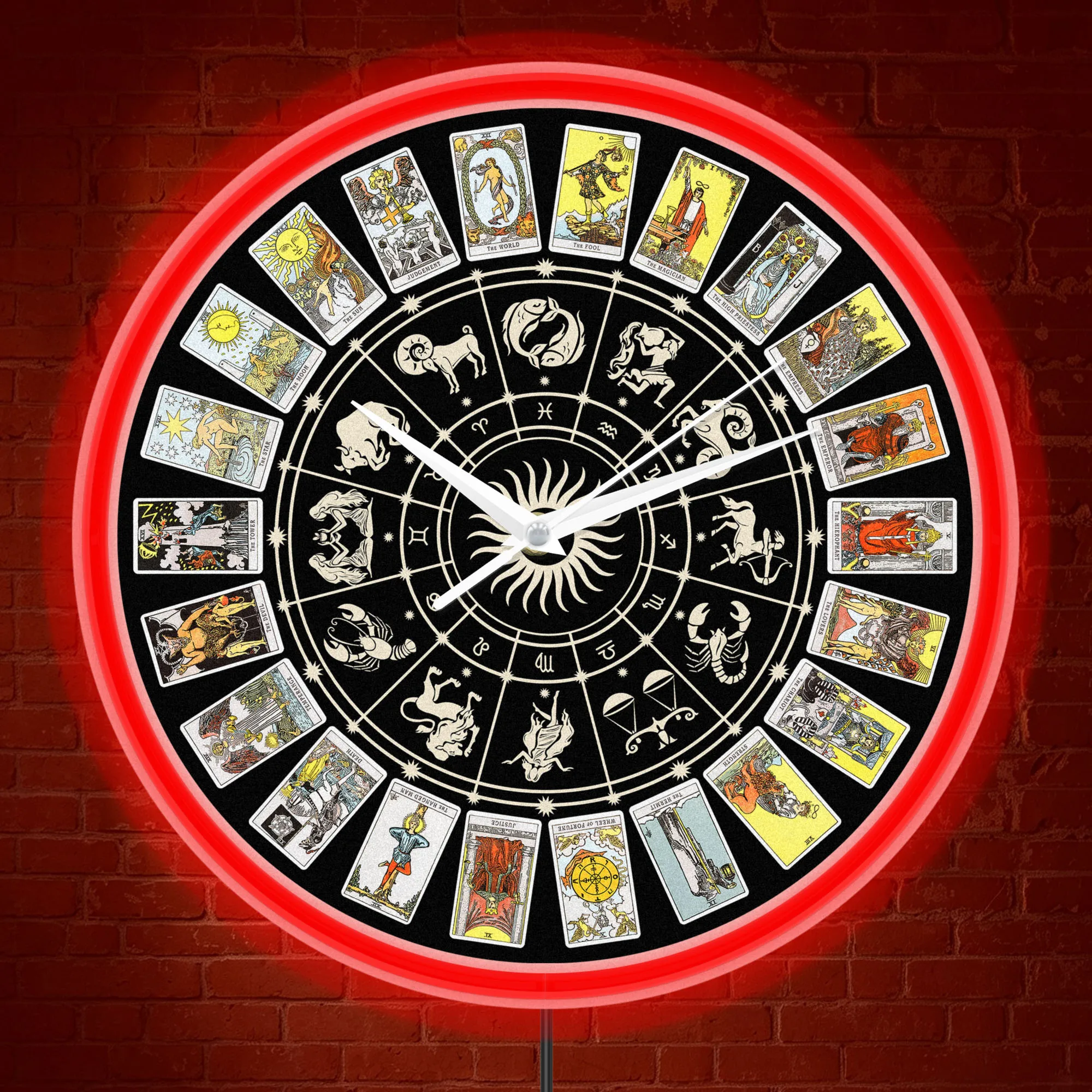 Tarot Zodiac Wheel Astrology Neon Wall Clock for Mediation Occult Room Astrological Tarot Card Circle LED Night Light Wall Clock