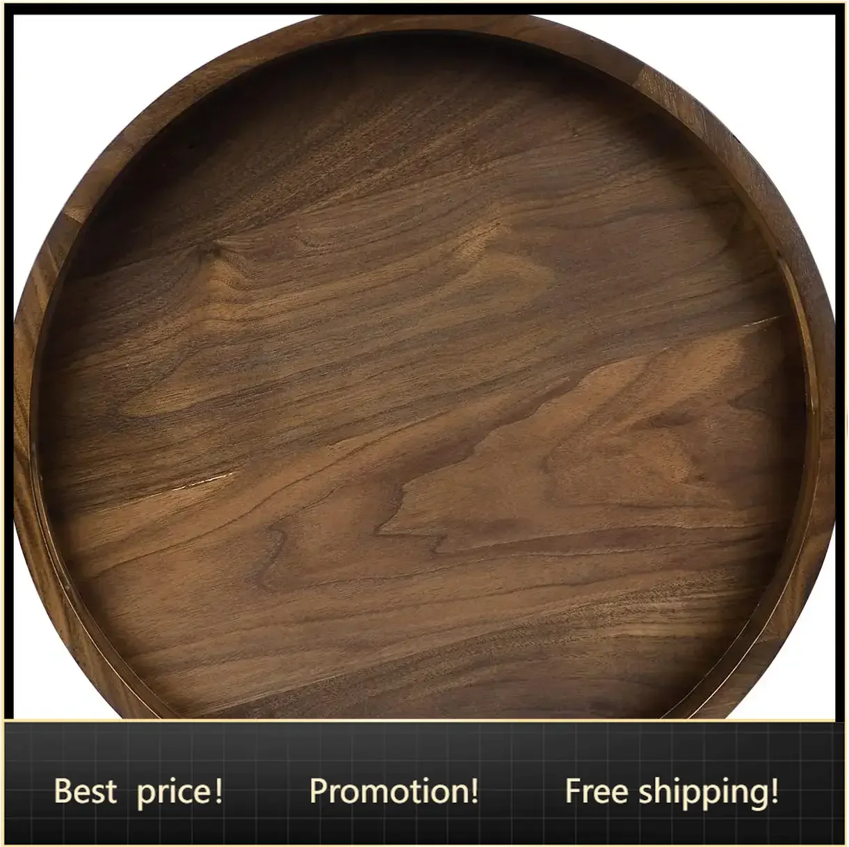 18 x 18 inches Large Round Ottoman Table Tray, Wooden Solid Black Walnut Circle Platter Decorative Serving Tray with Handle
