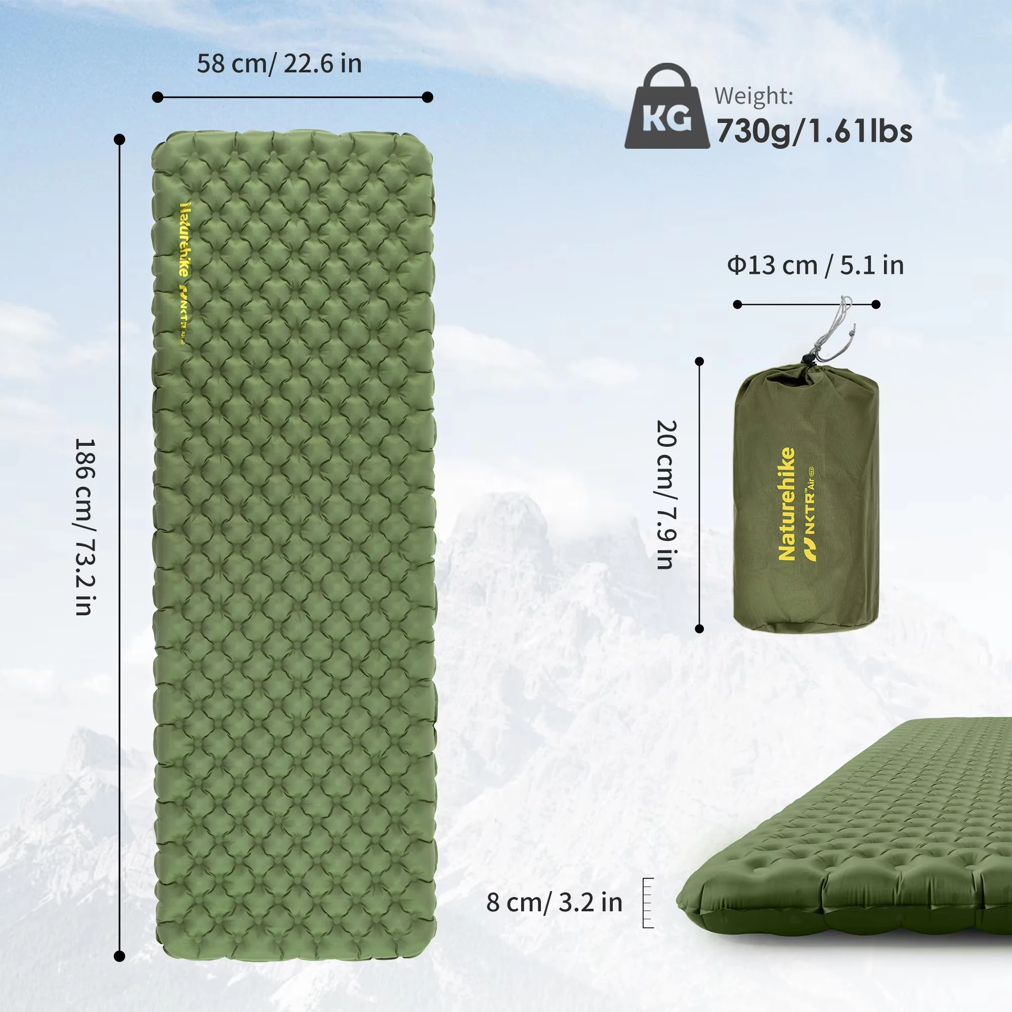 Naturehike Ultralight Air Mattress R4.6 Moisture-proof Mat Portable Outdoor Camping 8cm Thicken Single Sleeping Pad