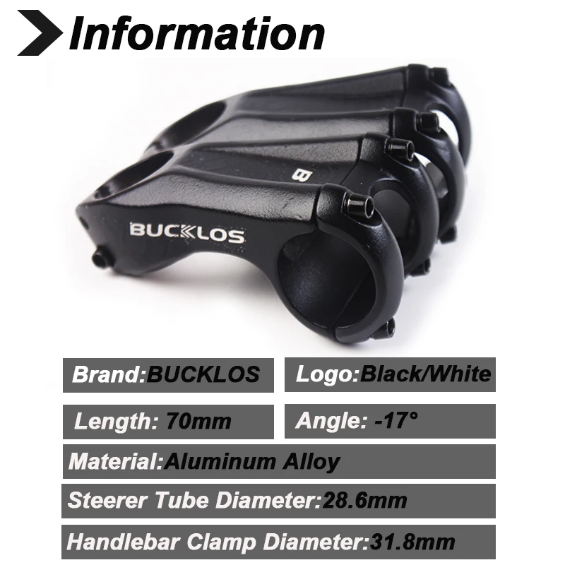 BUCKLOS  Ultralight Bike Stem -17degree 70mm Bicycle Handlebar Stem Aluminum Alloy MTB Power 31.8mm Road Mountain Bike Stems