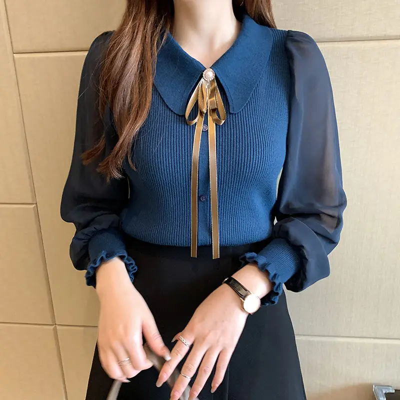 Sweater wanita Korea, atasan lengan panjang ramping mode kupu-kupu sifon tambal sulam kerah Peter Pan pita Solid musim semi musim gugur