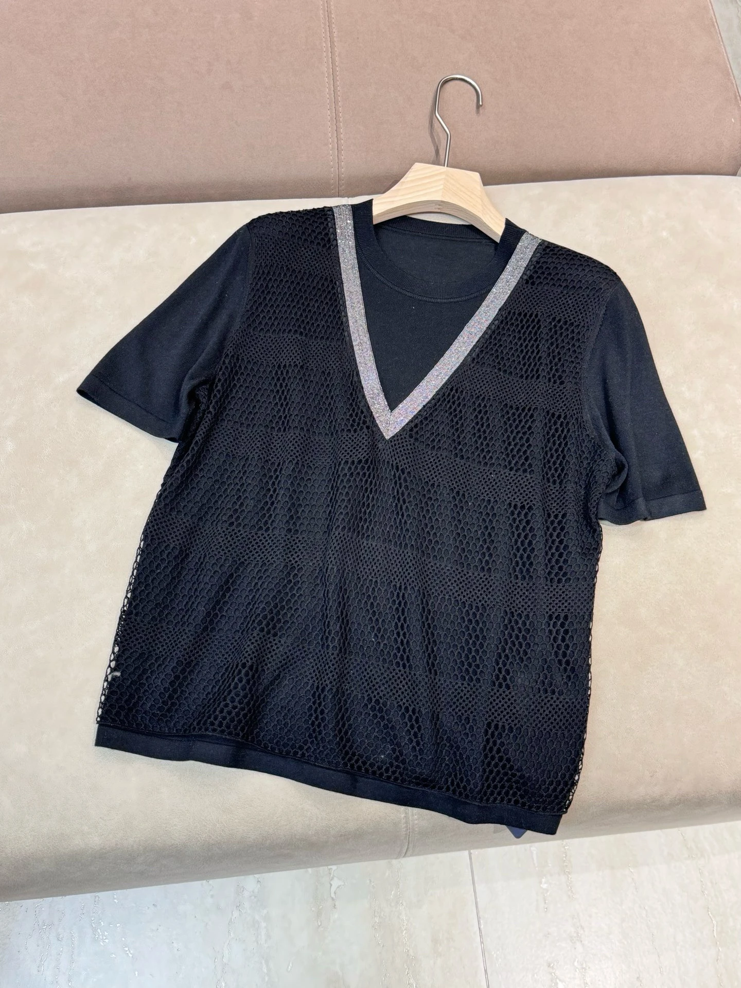 Silk Wool ort Sve T-irt Knitted Hollow out round Ne Casual Loose Fit Summer Women's Faion Basic  Color Top