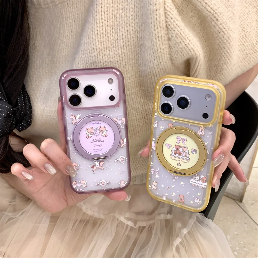 

New 2026 Cute Cartoon Angel Bear Phone Case For iPhone 17 15 Pro 16 Pro Max 17 Max with 360 ° Stand Magnetic Shockproof Cover