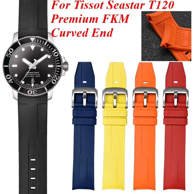 Premium 21mm FKM Fluorocarbon Curved End Watch Strap For Tissot Seastar T120 Soft Rubber Heat-Resistant Man Band Dive Bracelet