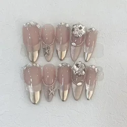 10Pcs Handmade Press on Nails Full Cover Butterflies Rhinestones Design Pink  Almond False Nails Wearable Manicure Nail Tips Art