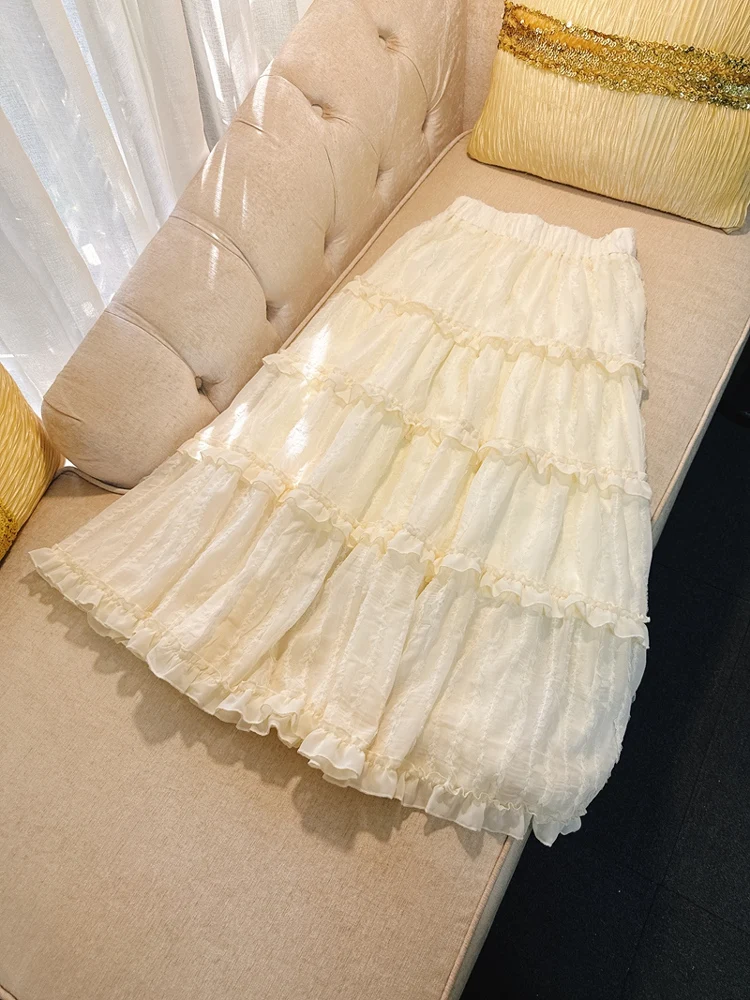 

Ele Romantic Lace Elastic High Waist A-Line Maxi Skirt Versatile Holiday Long Skirt f Body Skirt Polyester Fiber