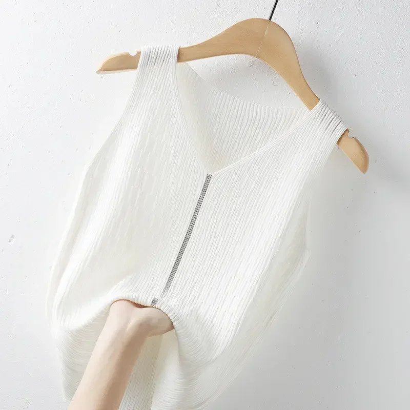 

Pop Spring Women Knitted Green Tank Tops Women Thin Basic Casual Tank Hot Fix V-neck Tees Sleeveless For Women clothing