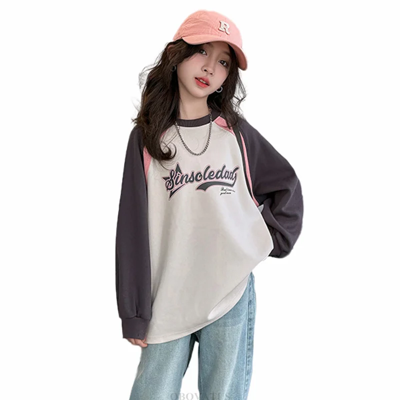 

2025 Children Fashion Patchwork Sweatshirt For Teen Girls Long Sleeve Outfits Tops Kids Casual New Spring Clothing Streetwear