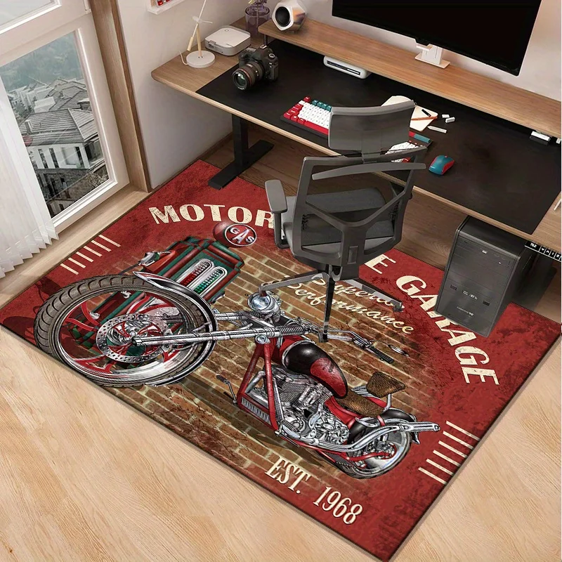 Vintage Motorcycle Garage Rug - Retro Biker Decor for Man Cave or Office Space, Classic Bike Design on Durable Floor Mat