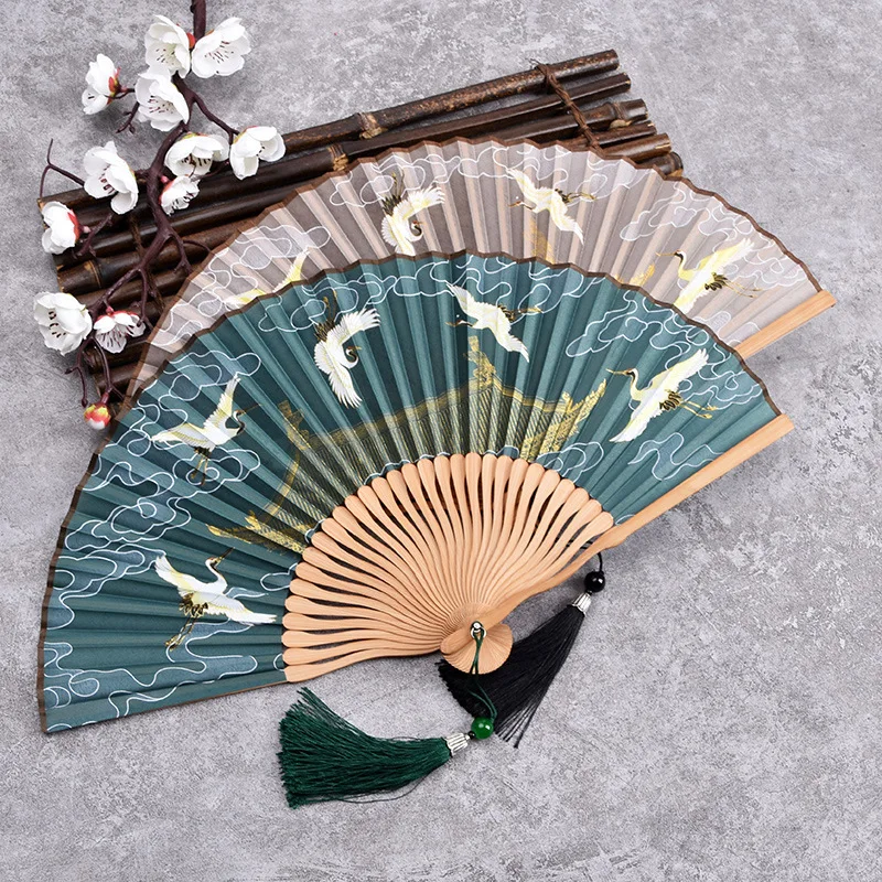 Crane Folding Fan Retro Style Ladies Rui Crane Figure Small Silk Fan Performance Dance Party Photography Props Hanfu Accessories