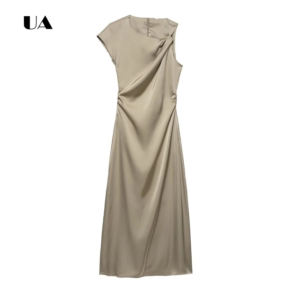 

ULBYANRY Classic Shirring Prom Dress with Asymmetrical Neck Solid Sleeveless Evening Dress for Woman Simple Gathered Party Gown