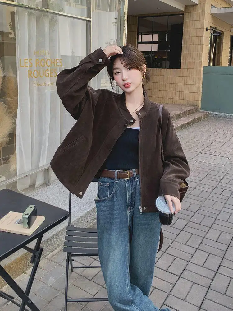 

Женская укороченная куртка больших размеров в стиле ретро с воротником-стойкой, свободного кроя, модная осенняя верхняя одежда, 300 Pou Hong Kong Sle