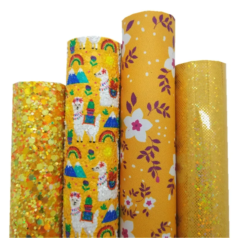 Yellow Lama Printed Glitter leather, Flowers Printed Synthetic Vinyl Faux Leather Sheets Smooth Glitter For Bow DIY 21x29CM Q338