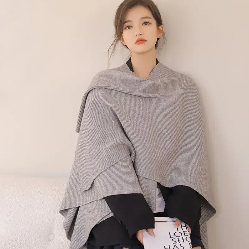 

Women 2024 New Autumn Sweaters Poncho Knitting Capes Cloak Sweater V-Neck Irregular Single Button Coat Knitted Shawls T279