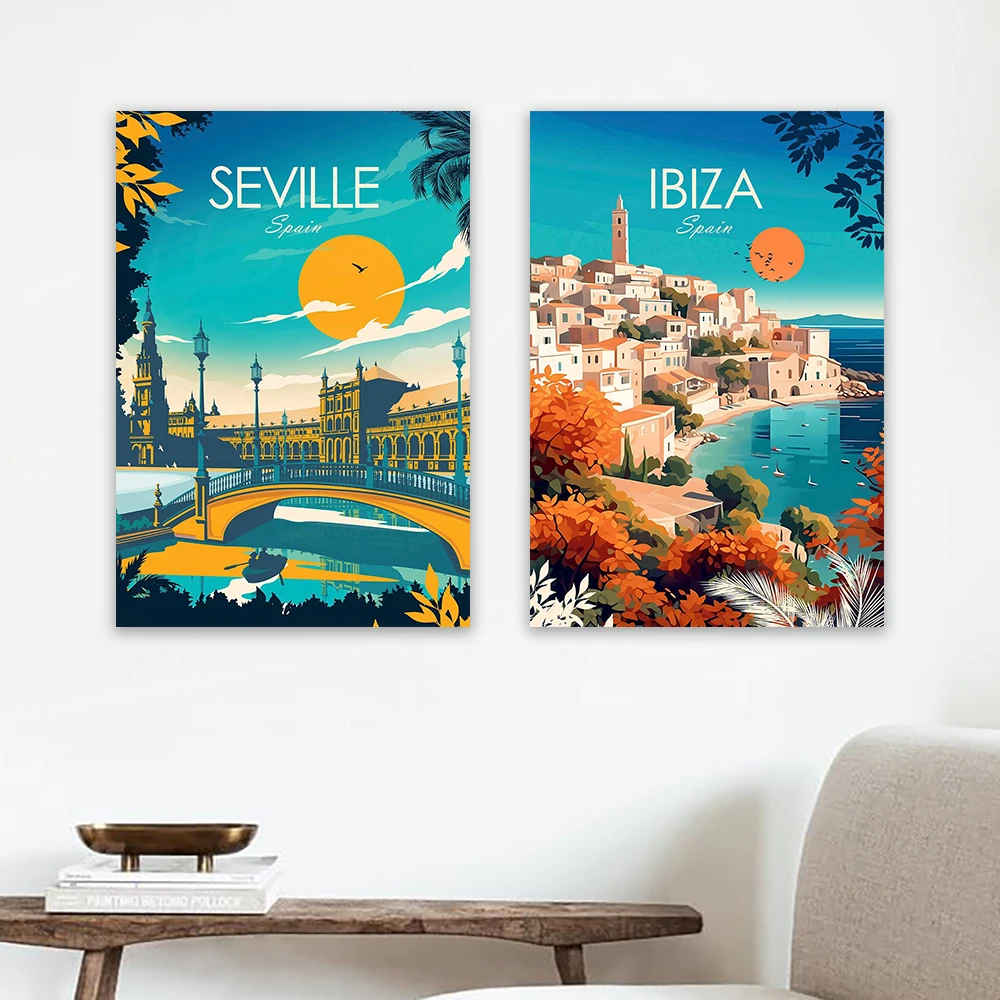 Estampado de Ibiza, arte de pared, cartel de viaje de Ibiza, arte de pared de España, arte de Marrón del Condado de Indiana, póster de viaje de Nashville, lienzo de viaje de Mallorca