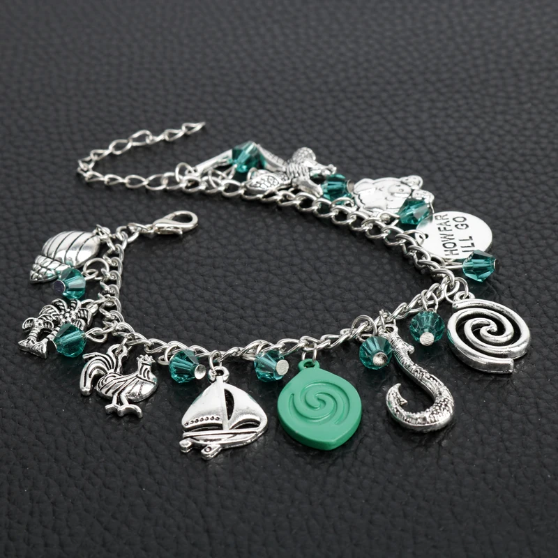 Animation Moana Theme Bracelet Green Color Dangle Cute Conch Fish Hook Coconut Tree Metal Pendant Bangle Jewelry Cosplay Gift