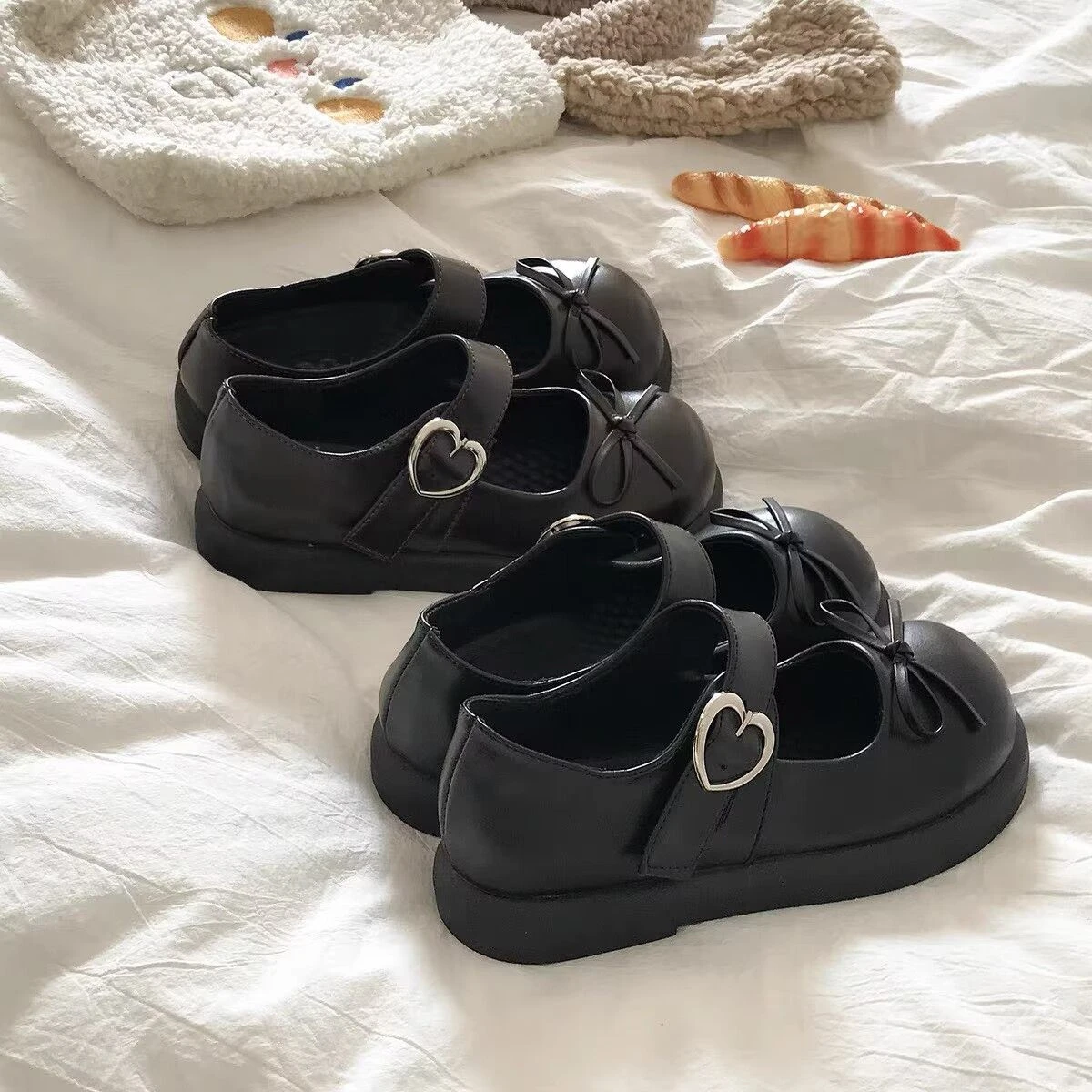 Süße Kawaii Lolita Mary Janes JK Schuhe Damen Kunstleder Kleine Schleife Herz Metallschnalle Flache Schuhe Studentinnen Flache Uniformschuhe – Detail 7