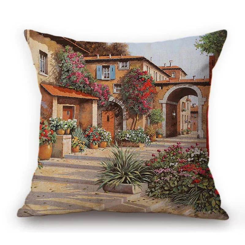 Cozy Countryside Autumn Fall Beautiful View Home Decor Cotton Linen Sofa Pillow Case Ancient Mediterranean Art Cushion Cover