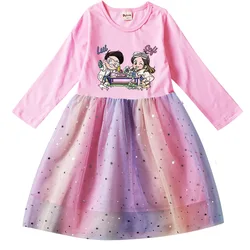 New Kids Fashion Cartoon Rainbow Sequin Dress Sets Cute Me Contro Te Clothes Baby Girls Long Sleeve Princess Dresses 2-10Years