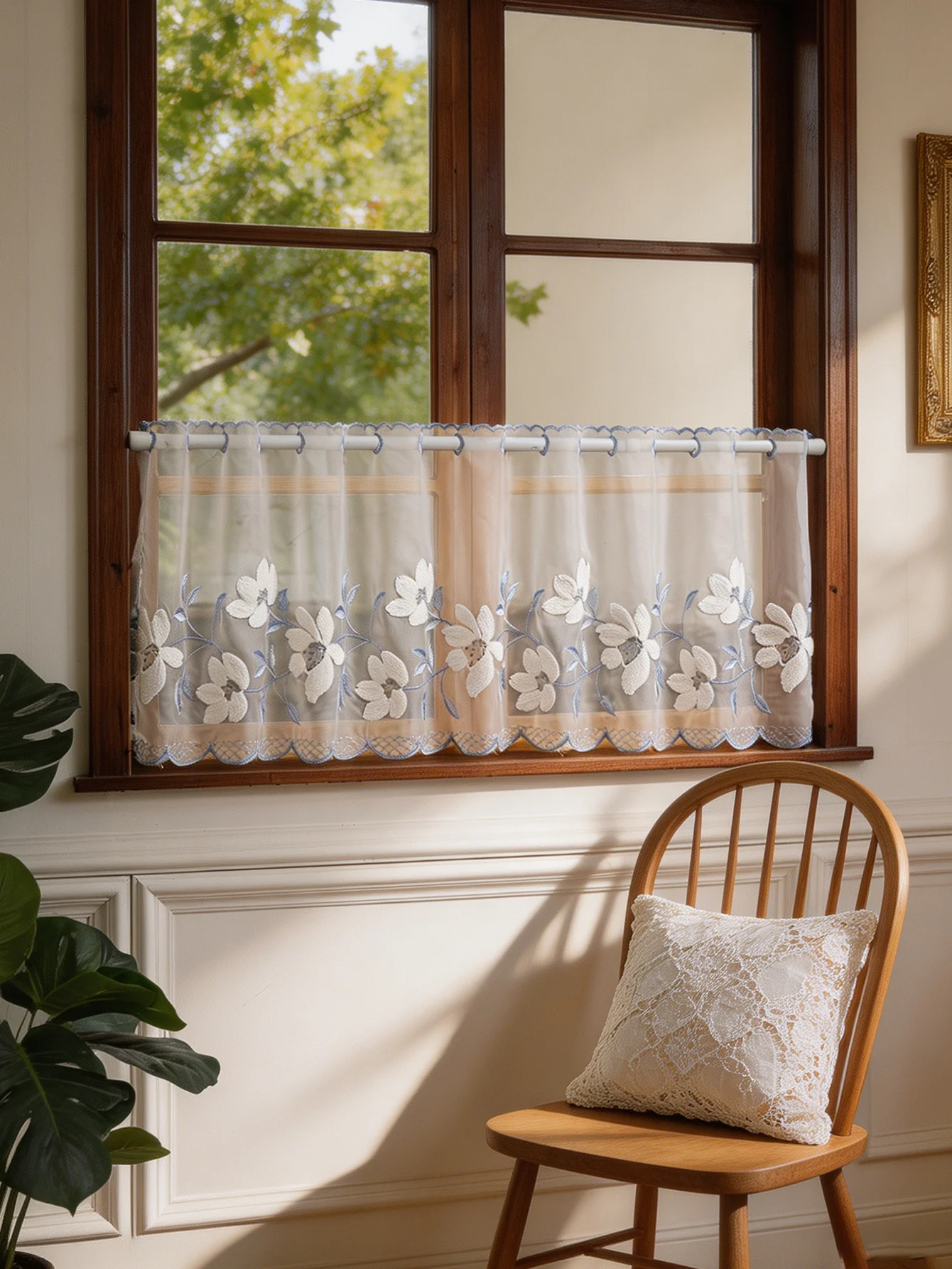 Cortinas Transparentes Bordadas con Flores - Cortina de Encaje Vintage Blanca y Azul para Ventana de Cocina