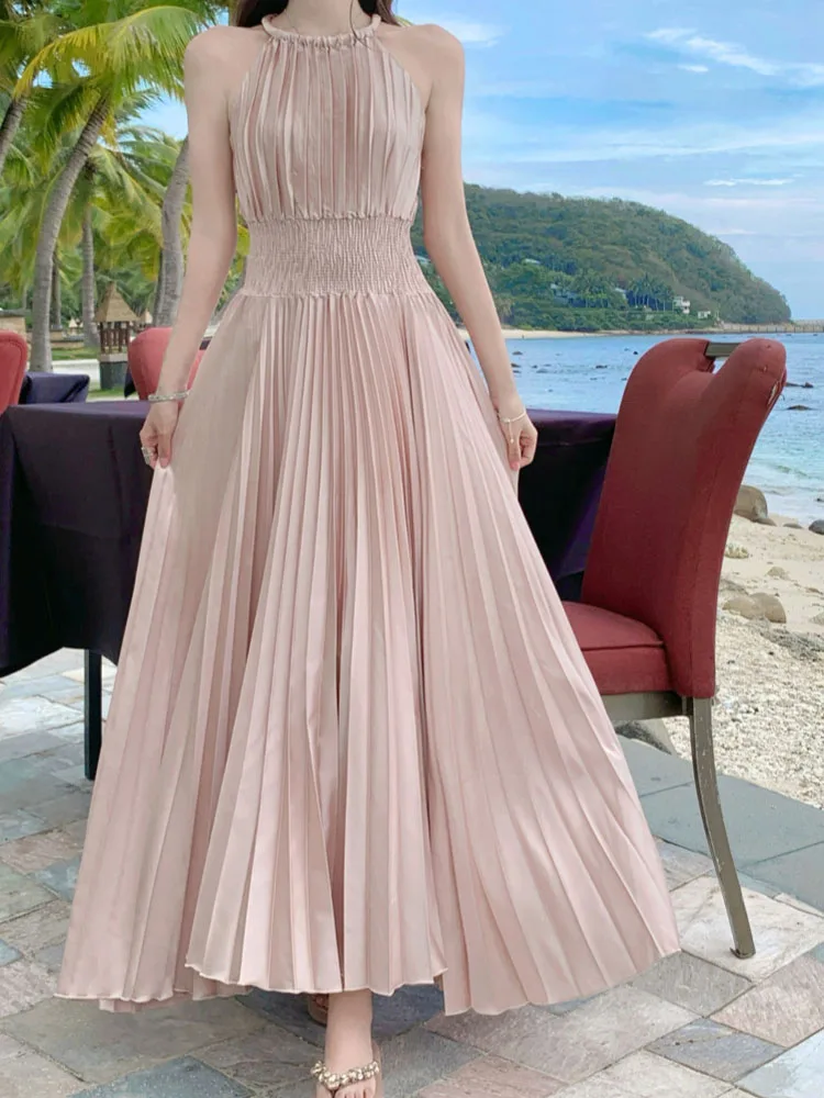 

2025 New Fashion Vacation Dress For Women Sexy Off Shoulder Slim Waist Casual Elegant Beach Pleated Long Dress Robe